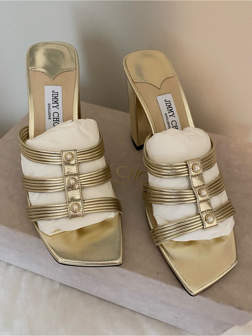 Jimmy Choo Metallic Gold Pearl-Embellished Strappy Block Mules
